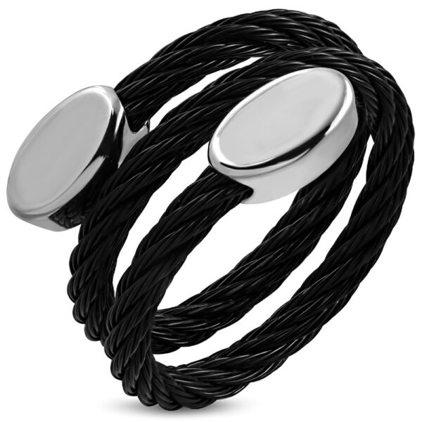 Fekete színű állítható nemesacél gyűrű, hosszúkás ezüst színű dísszel