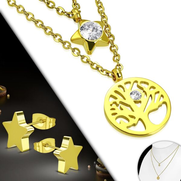 Arany színű nemesacél szett, nyaklánc, fülbevaló és dupla medál, cirkónia kristállyal