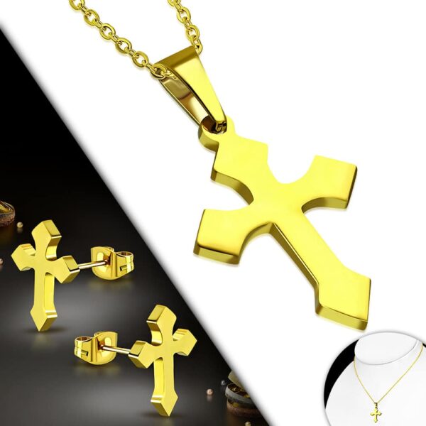 Arany színű nemesacél szett, középkori kereszt alakú medállal