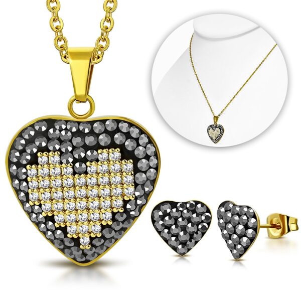 Arany színű nemesacél szett, szív alakú medál cirkónia kristállyal