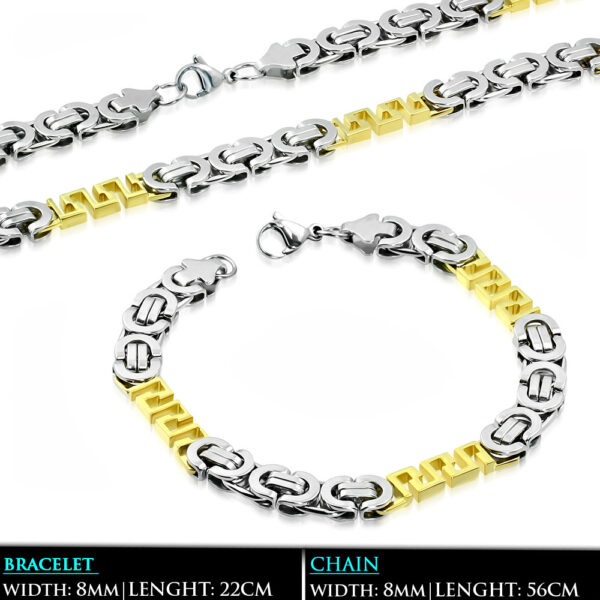 Arany és ezüst színű, bizánci stílusú nemesacél nyaklánc - karlánc szett