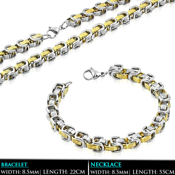 Arany és ezüst színű bizánci nemesacél nyaklánc és karlánc ékszer szett