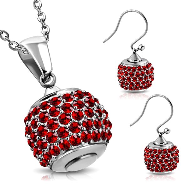 Ezüst színű nemesacél szett, gömb alakú medállal és fülbevalóval, cirkónia kristállyal