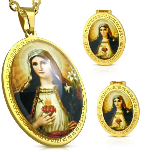 Arany színű nemesacél szett, Szűz Mária mintás medállal és fülbevalóval