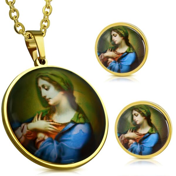 Arany színű nemesacél szett, Szűz Mária mintás medállal és fülbevalóval