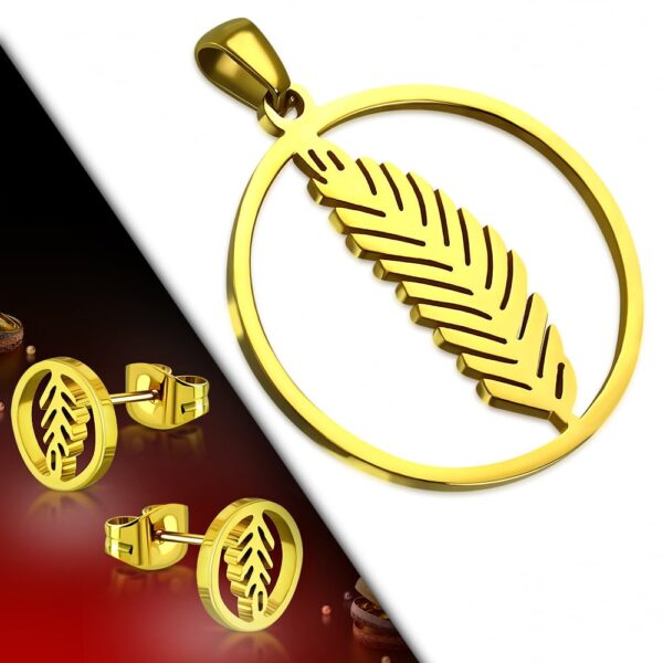 Arany színű nemesacél szett, toll mintájú dísszel