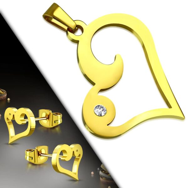 Arany színű nemesacél szett, szív alakú medál és fülbevaló, cirkónia kristállyal