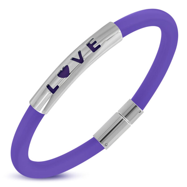 Lila színű kaucsuk karkötő, LOVE feliratú nemesacél dísszel