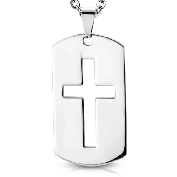 Ezüst színű, két részes, kivágott latin kereszt alakú nemesacél medál