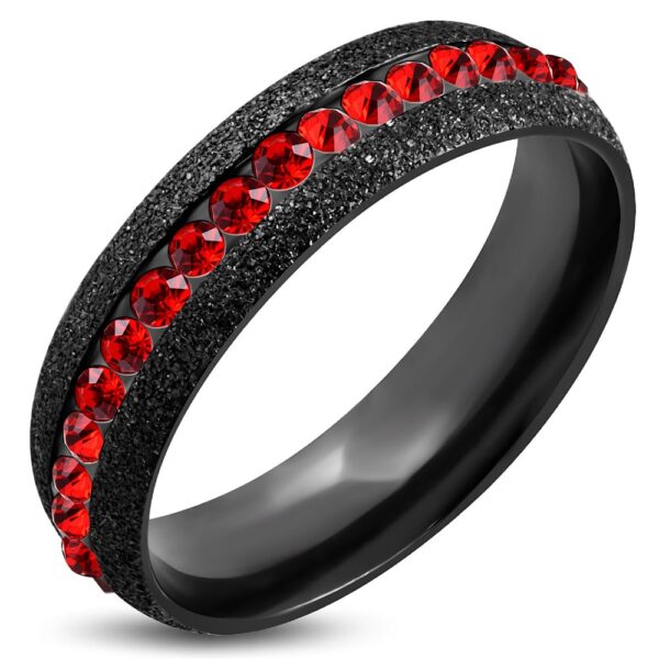 Fekete színű nemesacél gyűrű ékszer, piros színű cirkónia kristállyal