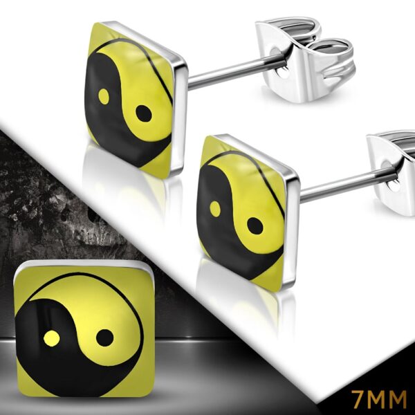 Szögletes formájú nemesacél fülbevaló, Yin-Yang mintával