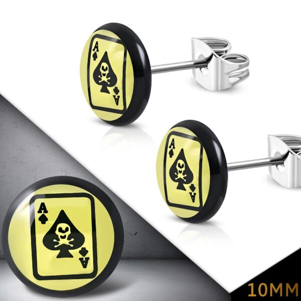 Nemesacél fülbevaló, halálfejes Ász kártyalap mintával 