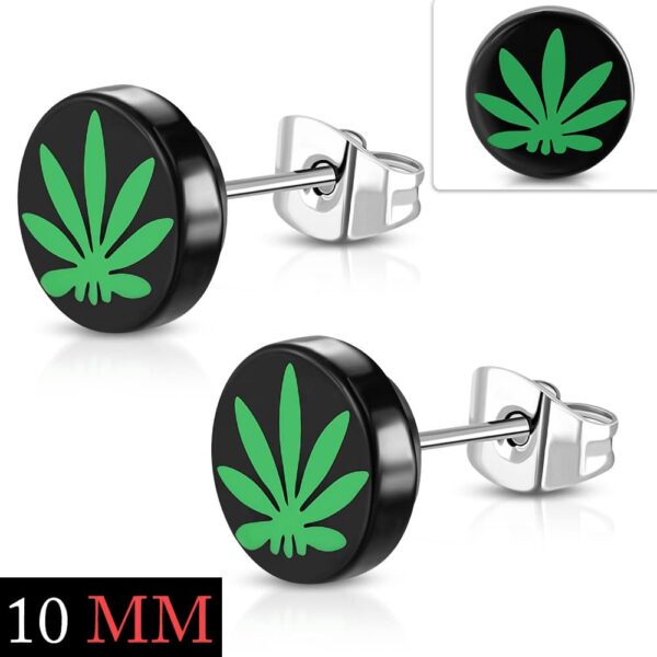 Fekete akril fülbevaló, kanabis levél mintával 