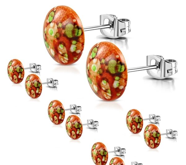 Narancssárga és zöld színű, mintás, kerek akril fülbevaló