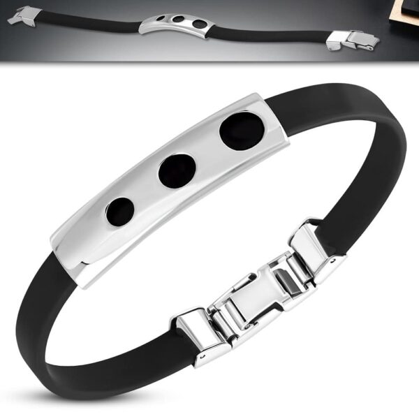 Fekete kaucsuk karkötő, ezüst színű, kivágott nemesacél dísszel