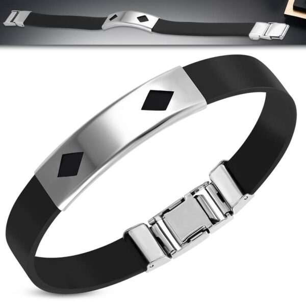 Fekete kaucsuk karkötő, ezüst színű, kivágott mintájú nemesacél dísszel