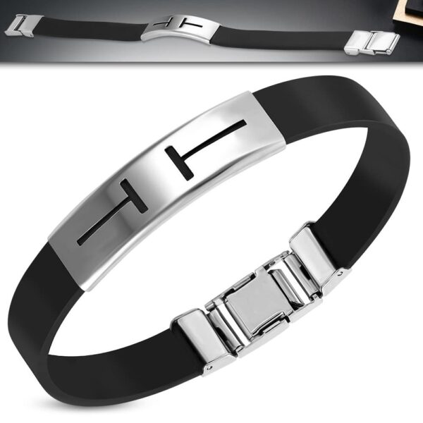 Fekete kaucsuk karkötő, ezüst színű, kivágott T mintájú nemesacél dísszel