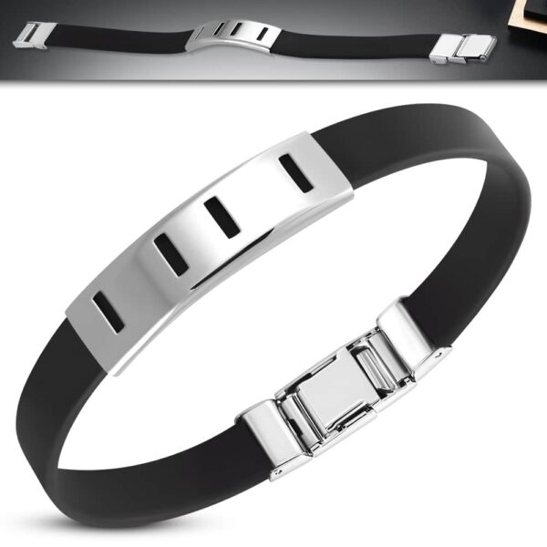 Fekete kaucsuk karkötő, ezüst színű lézer vágott mintával