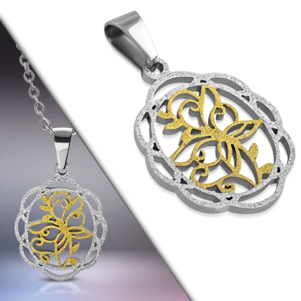 Ezüst és arany színű virág motívumos nemesacél medál