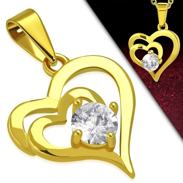Arany színű,  dupla szív alakú nemesacél medál, cirkónia kristállyal