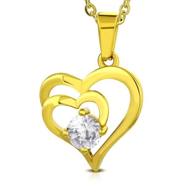 Arany színű,  dupla szív alakú nemesacél medál, cirkónia kristállyal