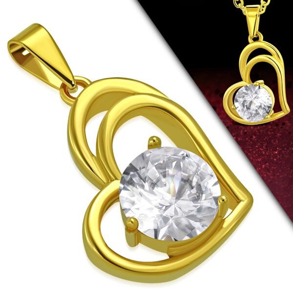 Arany színű,  dupla szív alakú nemesacél medál, cirkónia kristállyal