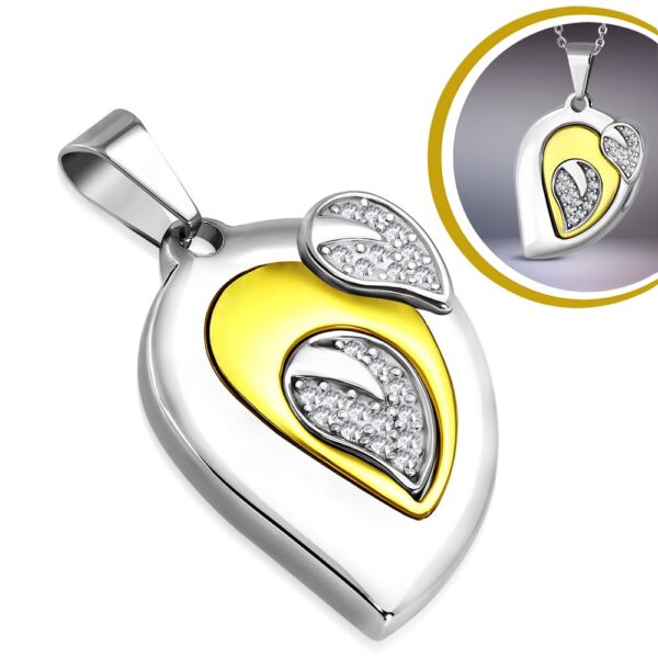 Ezüst és arany színű, könnycsepp alakú nemesacél medál, cirkónia kristállyal