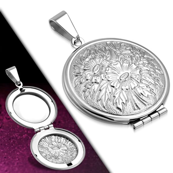 Ezüst színű, könyv alakú, kinyitható nemesacél medál 