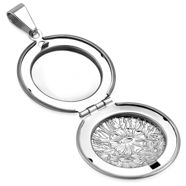 Ezüst színű, könyv alakú, kinyitható nemesacél medál 