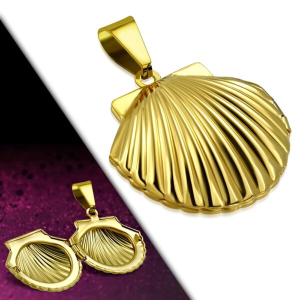 Arany színű kagyló alakú kinyitható fényképtartós nemesacél medál
