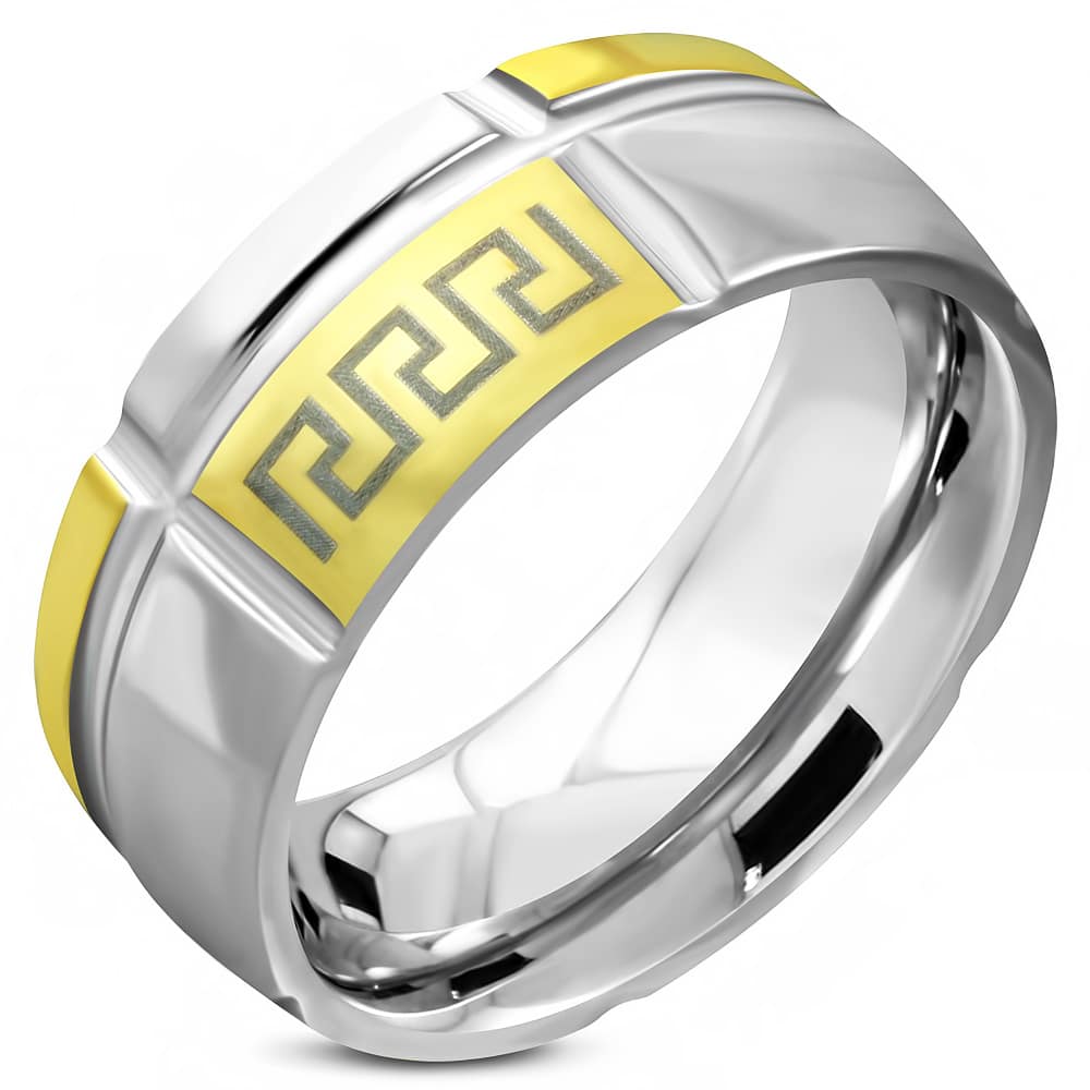 Arany és ezüst színű, görög mintás nemesacél gyűrű ékszer