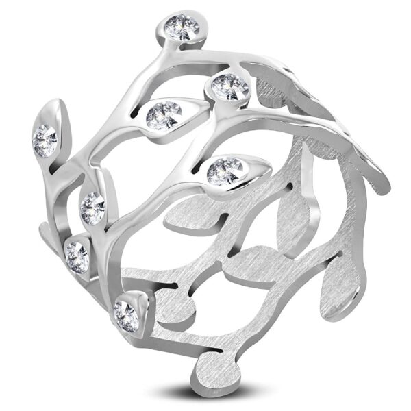 Ezüst színű levél mintájú nemesacél gyűrű cirkónia kristállyal