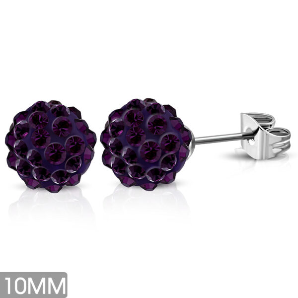 10 mm-es shamballa fülbevaló sötét lila cirkónia kristályokkal ajándék díszdobozban