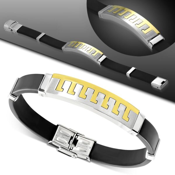 Fekete kaucsuk karkötő, arany és ezüst színű nemesacél dísszel