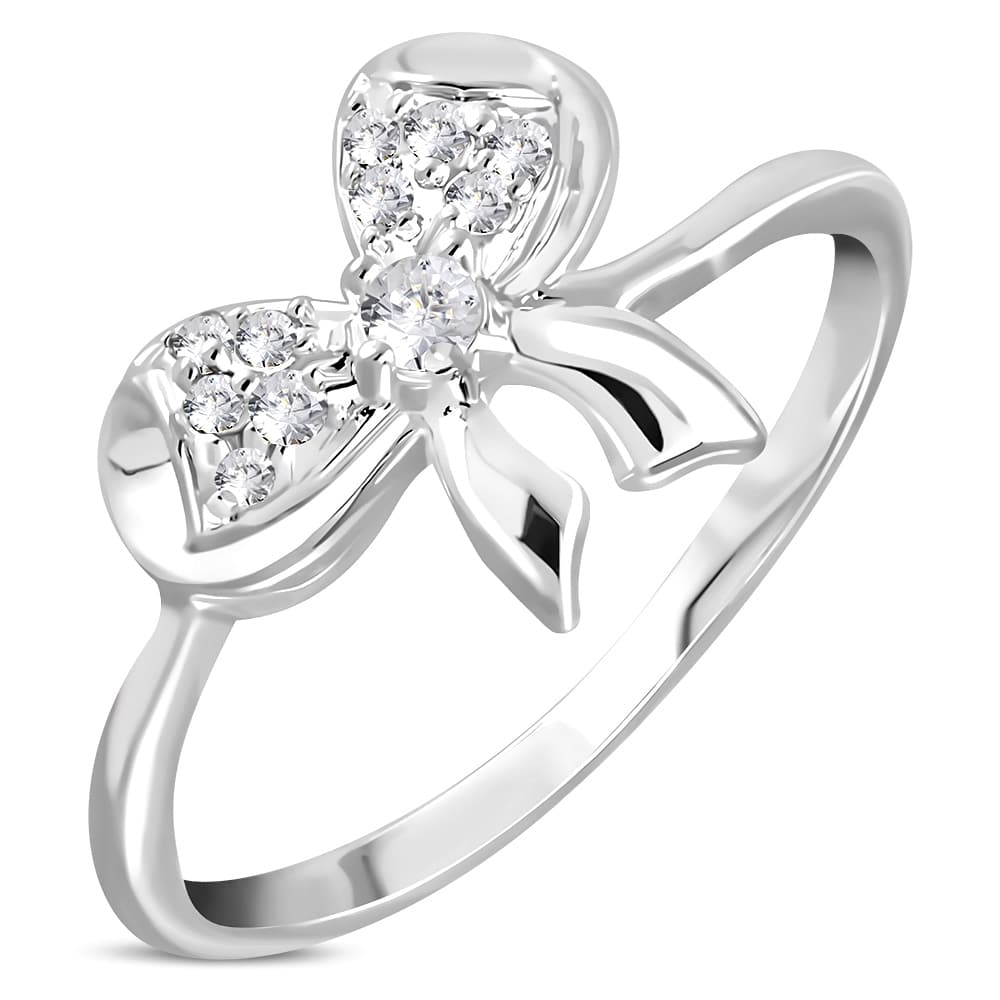 Ezüst színű, masni alakú gyűrű, cirkónia kristállyal