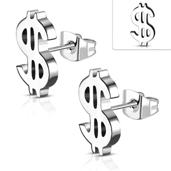 Ezüst színű, dollár jel alakú nemesacél fülbevaló 