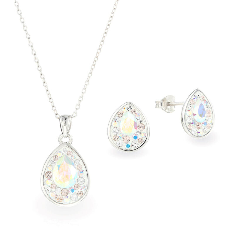 Swarovski kristályos ezüst ékszer szett - Raindrop Crystal AB - ajándék díszdobozban