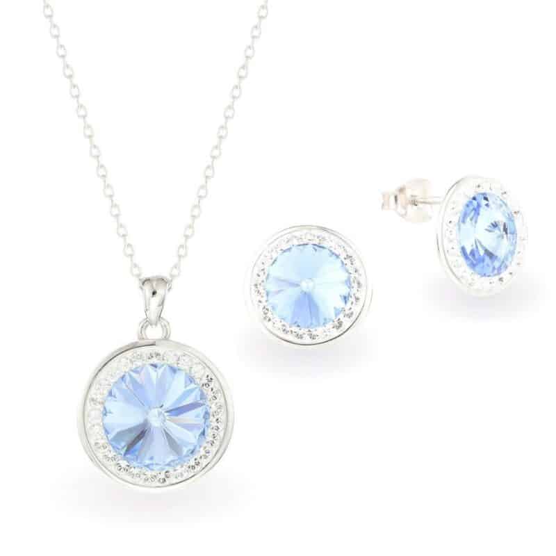 Swarovski kristályos ezüst éskzer szett csillogó nap medállal ajándék díszdobozban - Világos kék