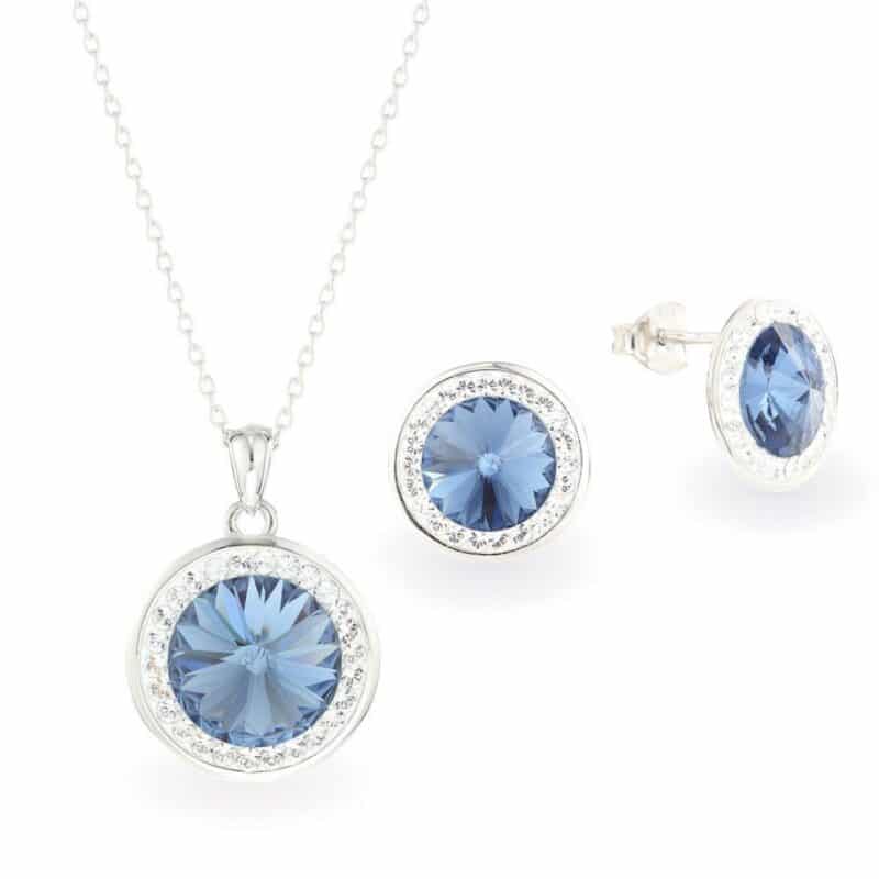 Swarovski kristályos ezüst éskzer szett csillogó nap medállal ajándék díszdobozban - Sötét kék