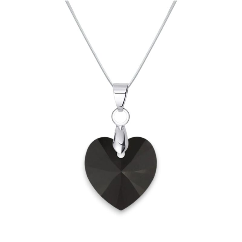 18 mm Szív Swarovski kristályos ezüst nyaklánc – Jet – 925 ezüst ékszer