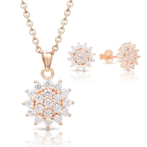 Rózsaarany szett cirkónia kristályos virág medállal ajándék díszdobozban