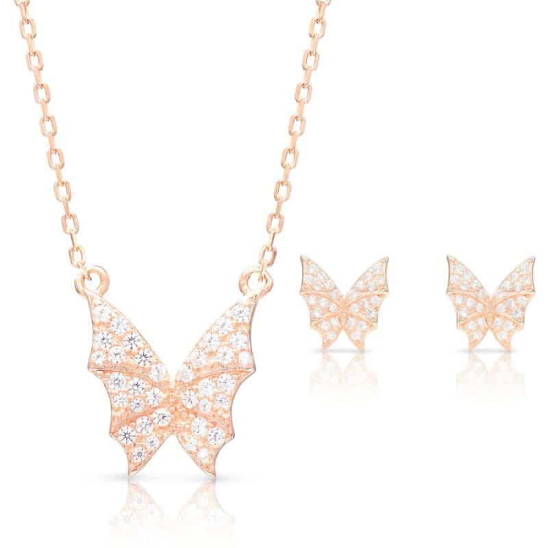 Rózsaarany szett pillangó medállal ajándék díszdobozban