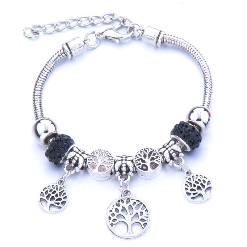 Életfa medállal pandora stílusú charm kristályos karkötő - Fekete