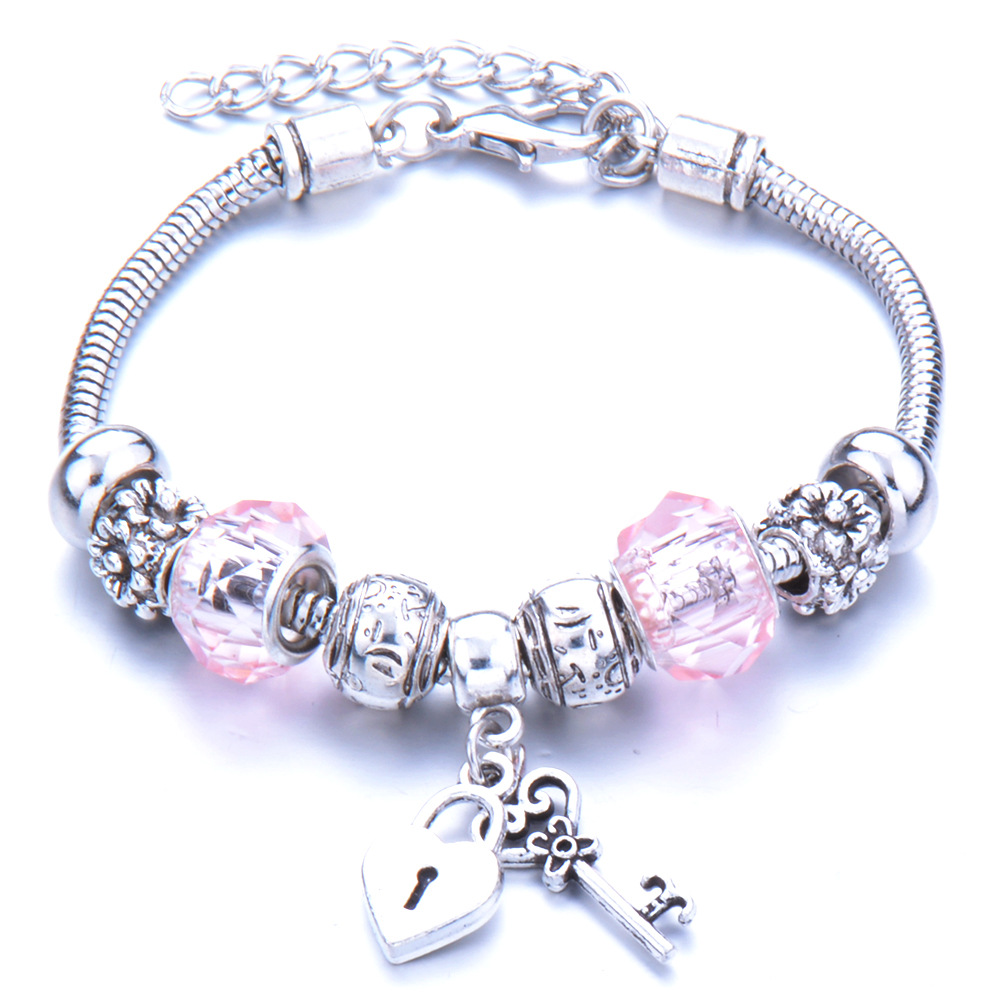 Kulcs a szívemhez pandora stílusú charm kristályos karkötő - Rózsaszín Kulcs a szívemhez pandora stílusú charm kristályos karkötő - Rózsaszín