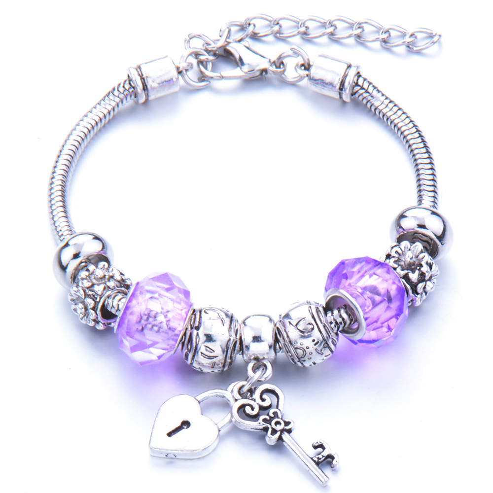Kulcs a szívemhez pandora stílusú charm kristályos karkötő - Lila Kulcs a szívemhez pandora stílusú charm kristályos karkötő - Lila