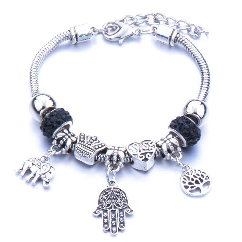 Fatima keze pandora stílusú charm kristályos karkötő - Fekete