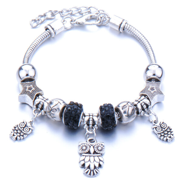 Baglyos pandora stílusú charm kristályos karkötő - Fekete