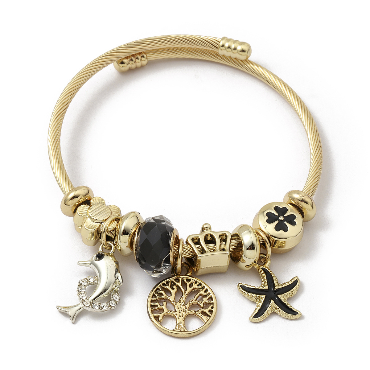 Arany színű Életfa Pandora stílusú charm kristályos karkötő - Fekete Arany színű Életfa Pandora stílusú charm kristályos karkötő - Fekete