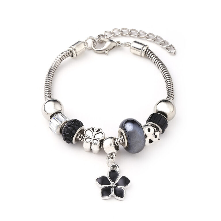Virágos pandora stílusú charm kristályos karkötő - Fekete
