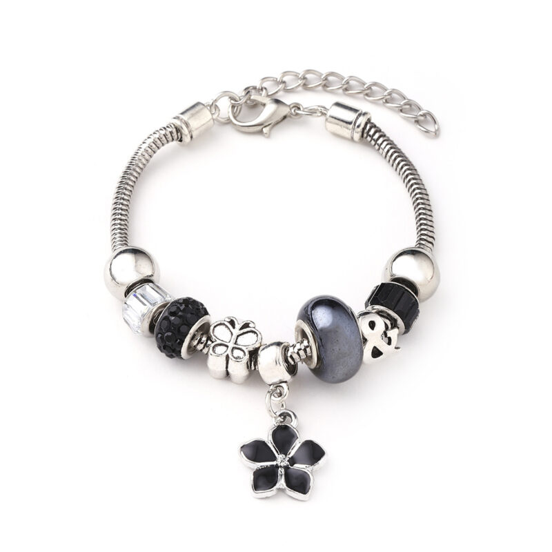 Virágos pandora stílusú charm kristályos karkötő - Fekete